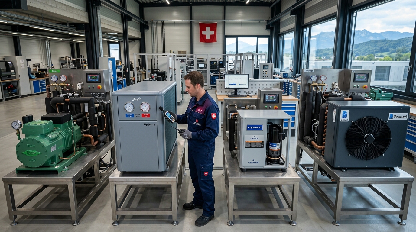 Banc d'essai comparatif des groupes frigorifiques Bitzer, Danfoss Optyma, Copeland et Tecumseh en Suisse