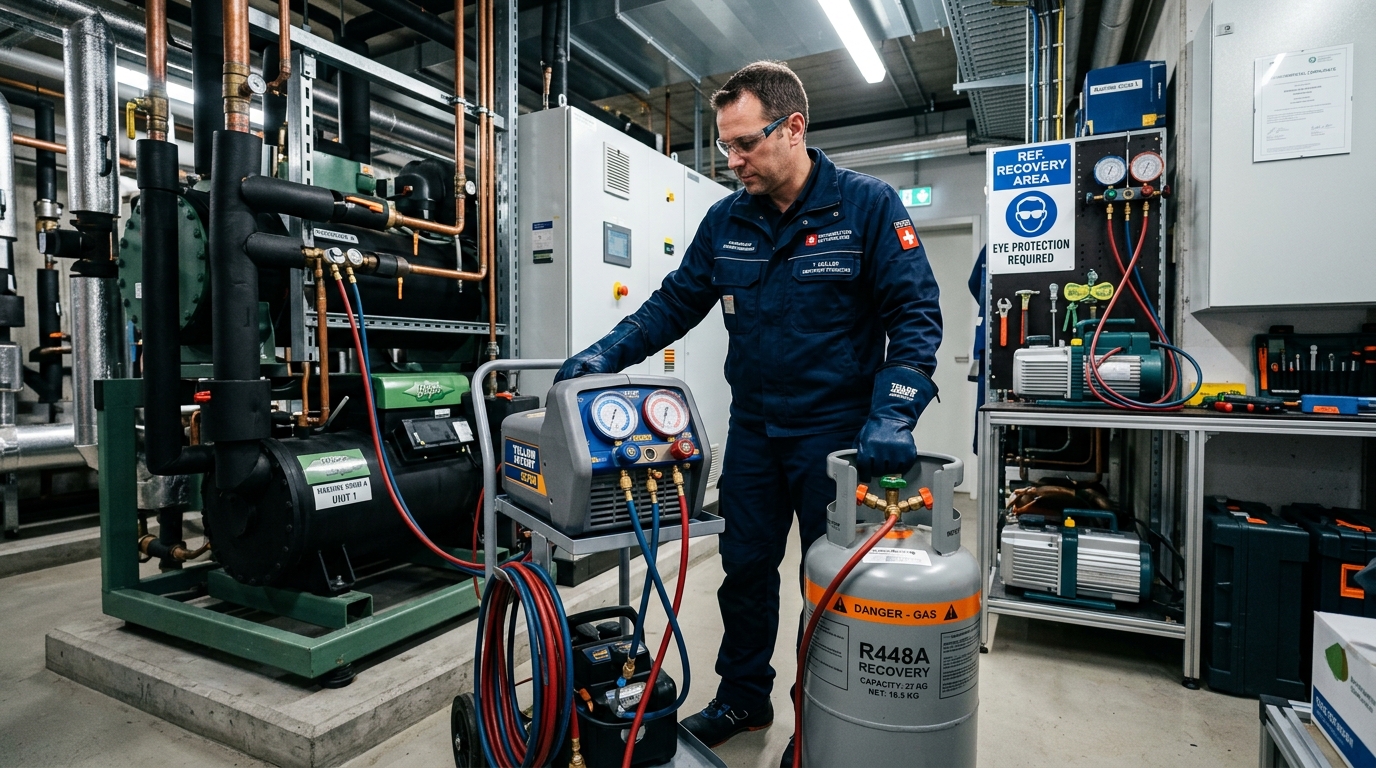 Frigoriste suisse certifié procédant à la récupération obligatoire en circuit fermé du fluide frigorigène dans une bouteille de transfert homologuée