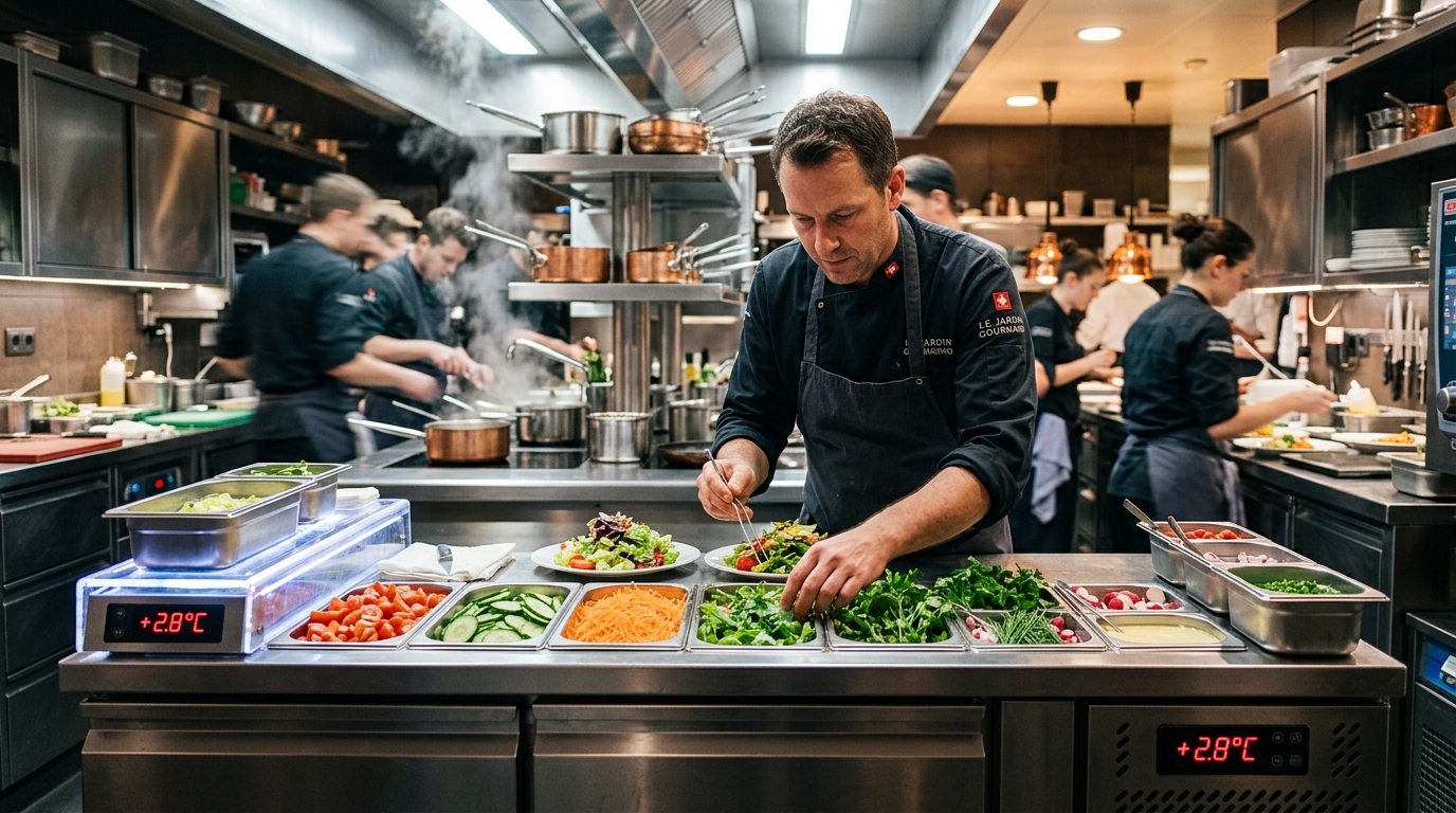 Chef en Cuisine Professionnelle Suisse sur Table Réfrigérée Saladette Inox