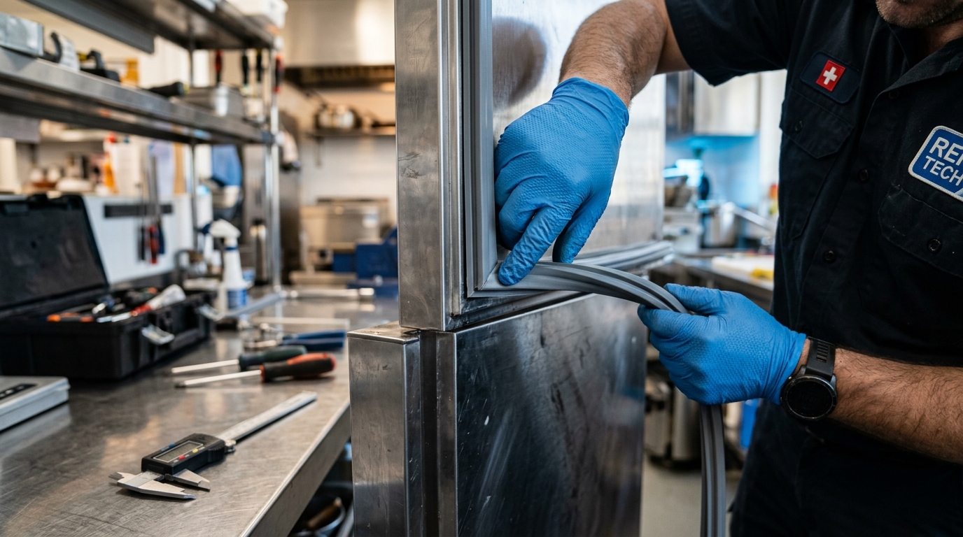 Technicien frigoriste installant un nouveau joint d'étanchéité magnétique avec angle thermosoudé à 45° sur porte inox