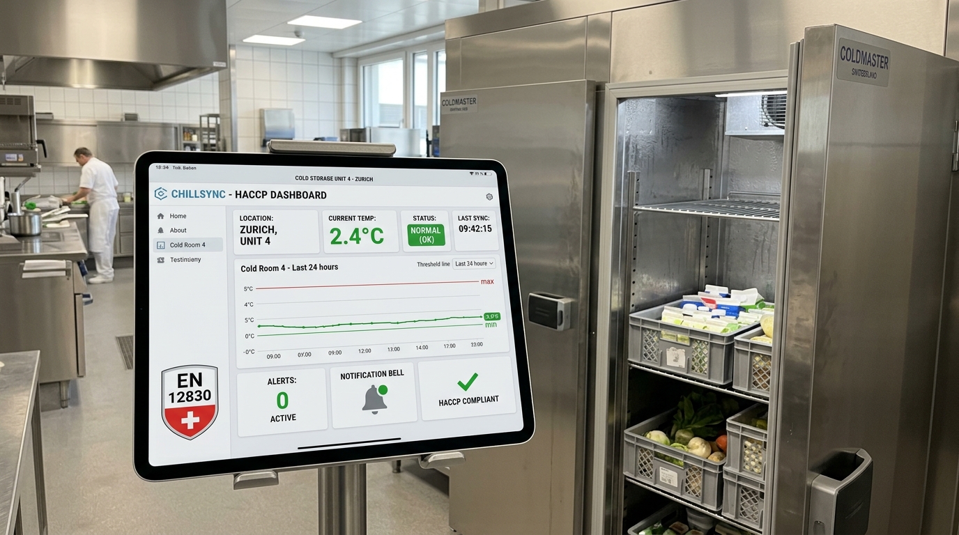 Tablette affichant le tableau de bord de traçabilité des températures HACCP certifié EN 12830 pour contrôle du SCAV en Suisse