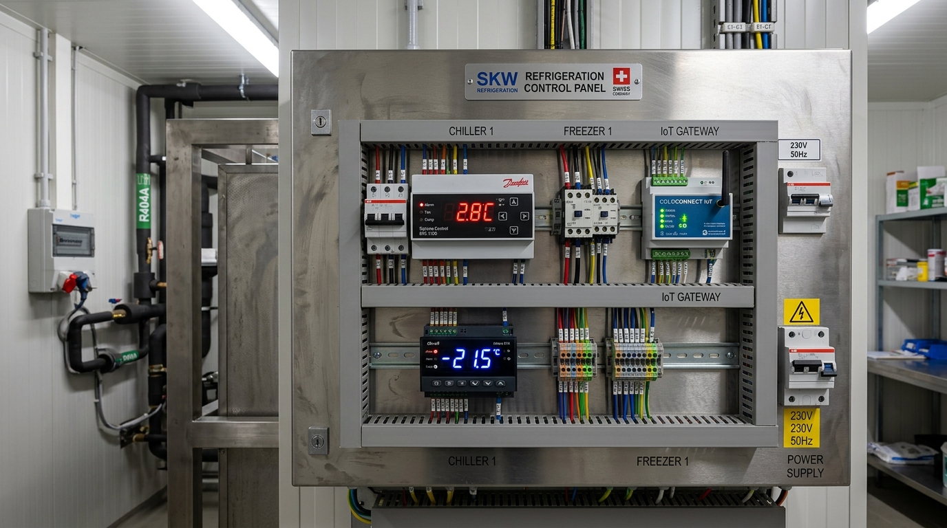Tableau électrique de commande frigorifique avec régulateurs Danfoss, Eliwell et passerelle de télégestion IoT en Suisse Romande